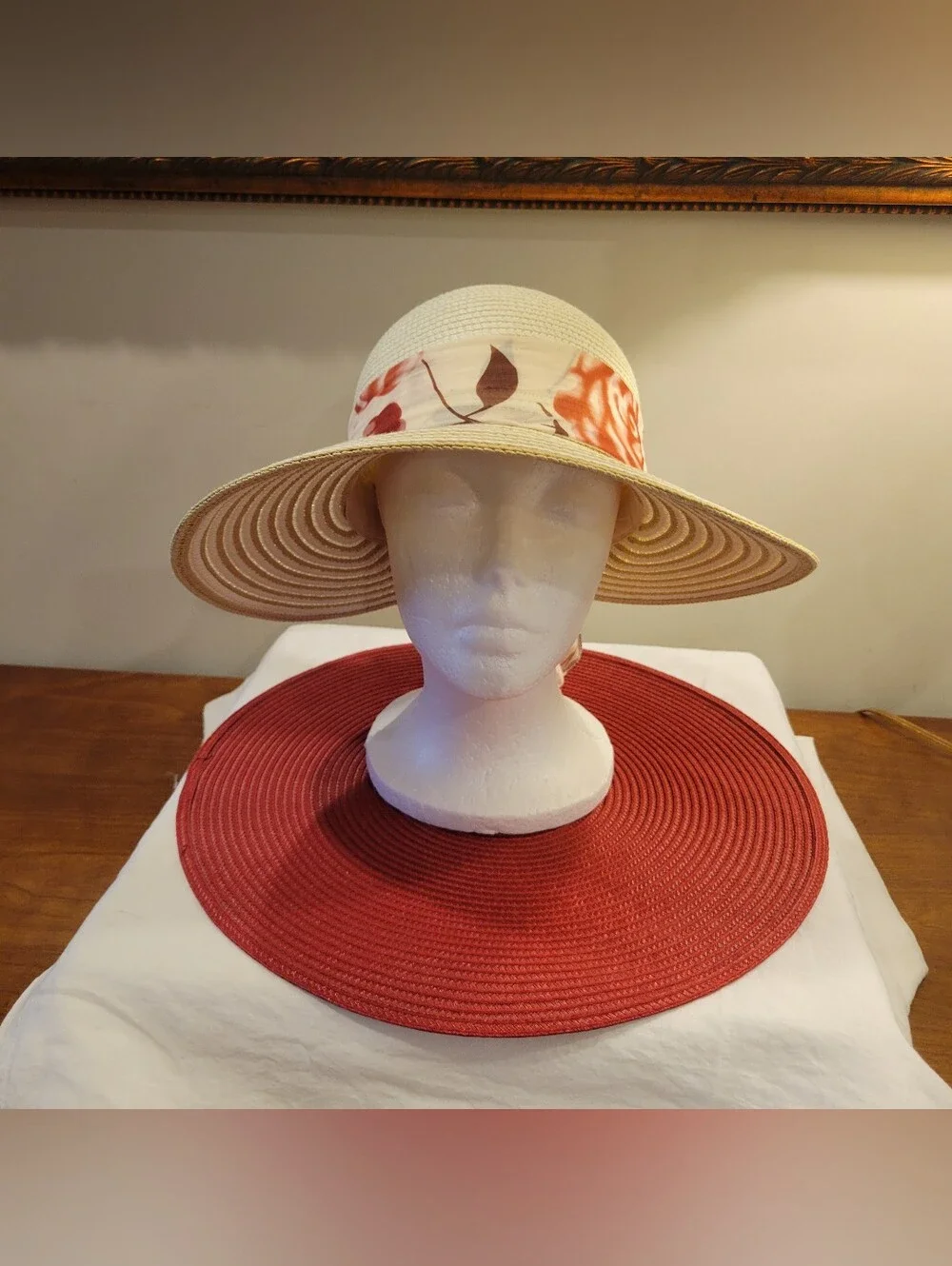 👒EUC~ Straw Sun Hat with Floral Scarf Band